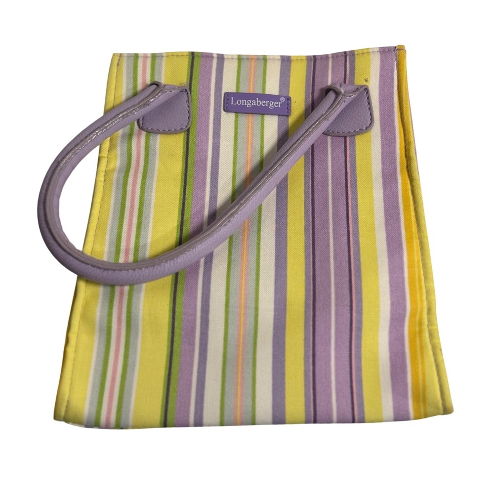 Longaberger Tote Bag Purple Yellow Multi Stripe Canvas Top Handle Purse Handbag